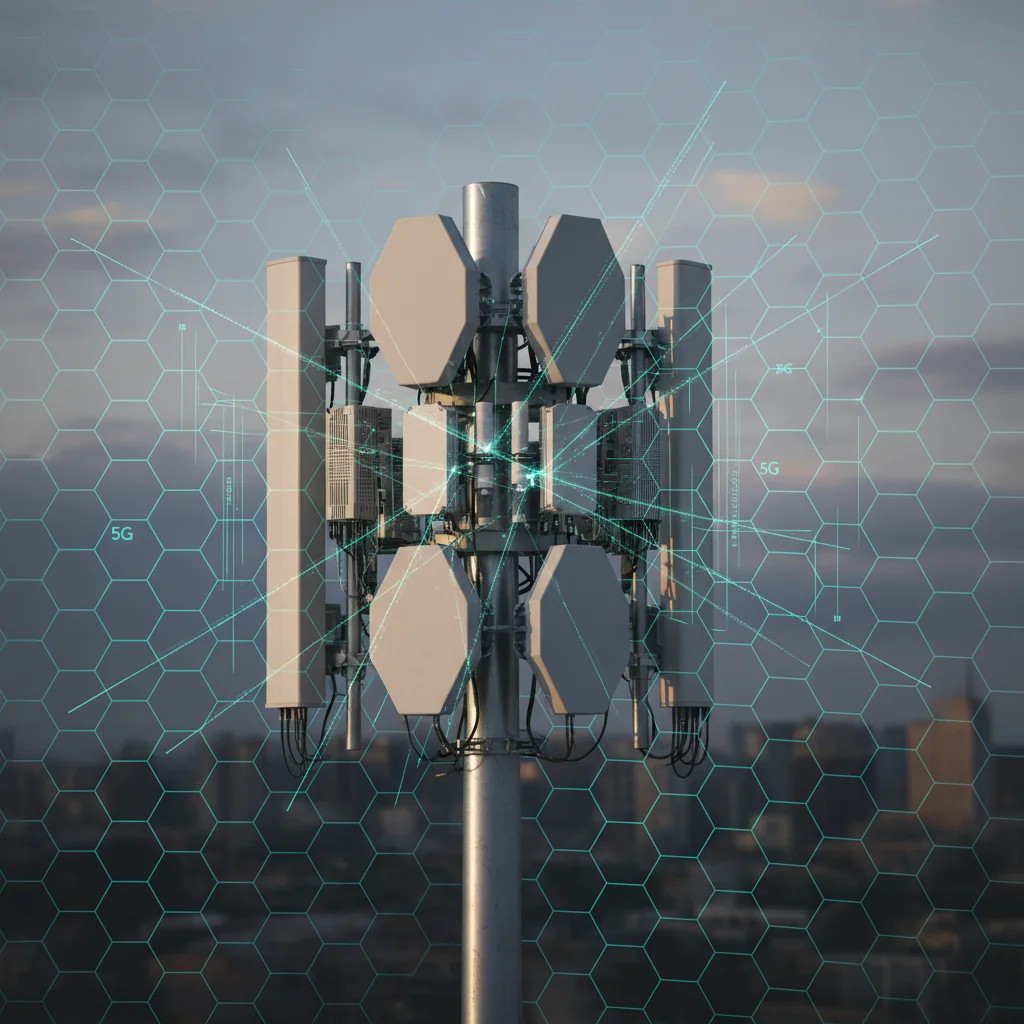 Close-up of 5G antenna with digital data flow overlays