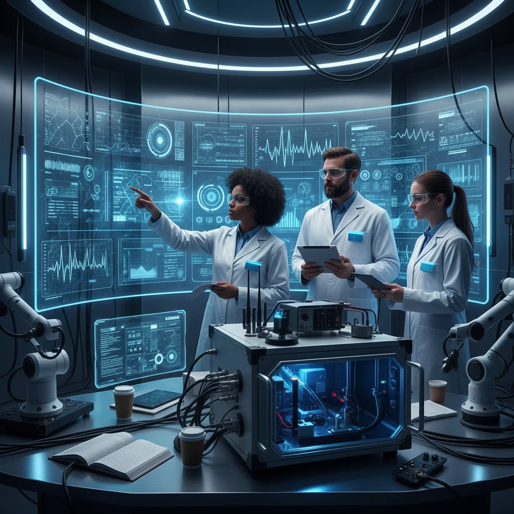 Researchers analyzing 6G trial data in a lab setting