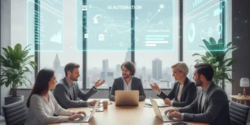 Small business team collaborating with AI automation tools for enhanced efficiency.