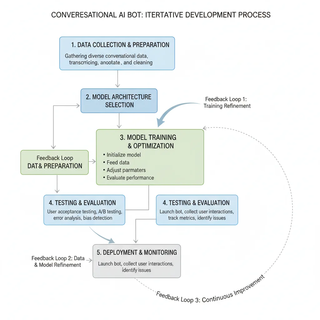 Flowchart depicting the iterative development process for a conversational AI bot.