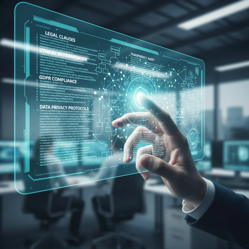 Hand interacting with a holographic display showing AI compliance data.