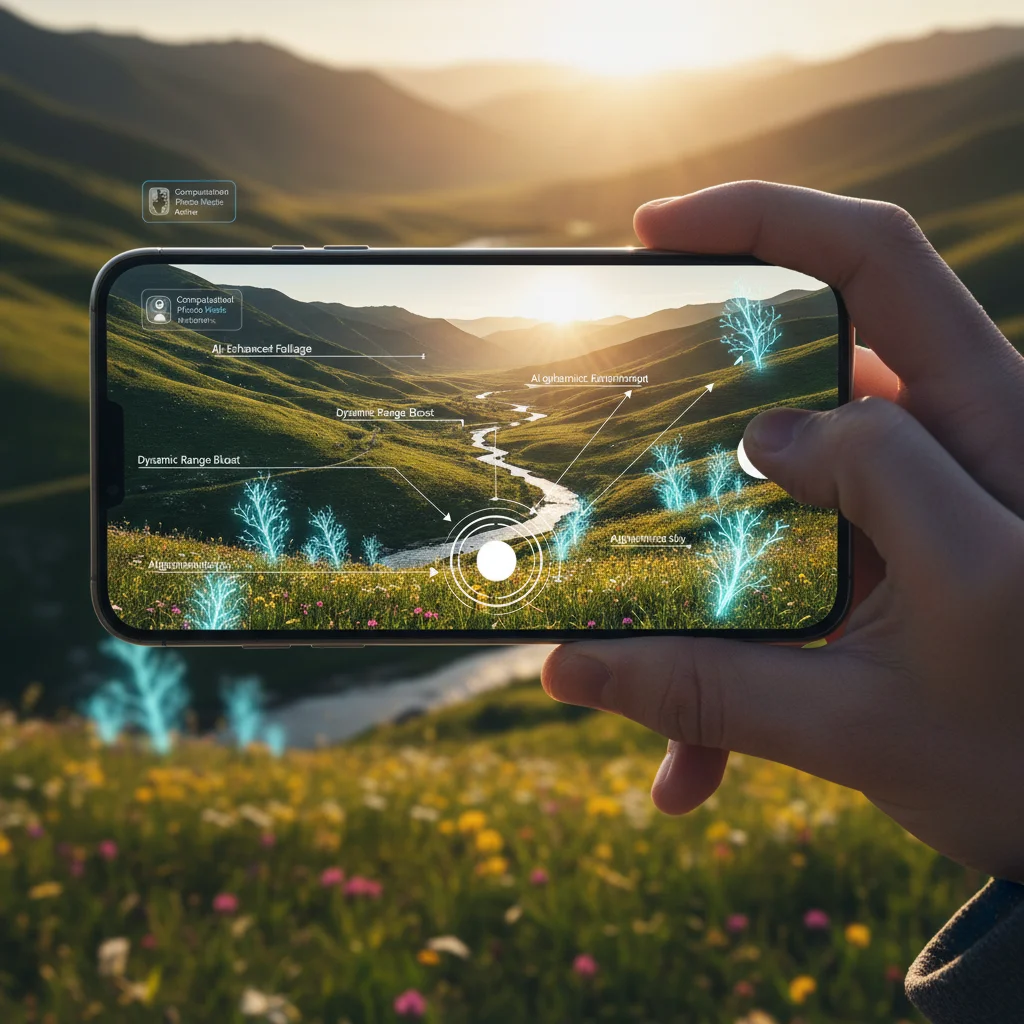 Person using smartphone with AI-enhanced computational photography