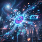 AI for Content Creation: Boost Output by 50% with Smart Tools AI brain generating diverse content types, symbolizing enhanced content creation output