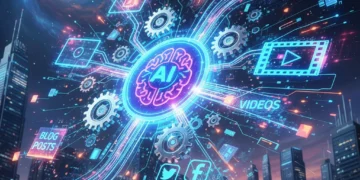 AI brain generating diverse content types, symbolizing enhanced content creation output