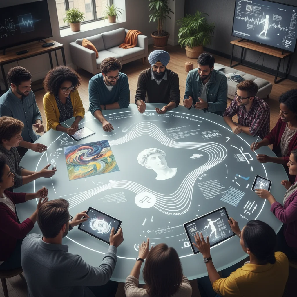 People collaborating with AI to generate creative content.