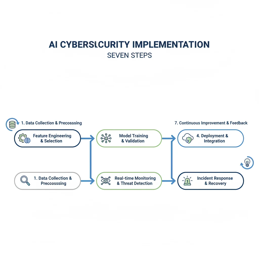 Seven-step AI cybersecurity implementation process diagram