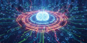 AI brain protecting a digital network from cyber threats