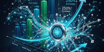 Illustration showing AI concepts like data flow and neural networks optimizing business growth charts, representing AI efficiency ROI.