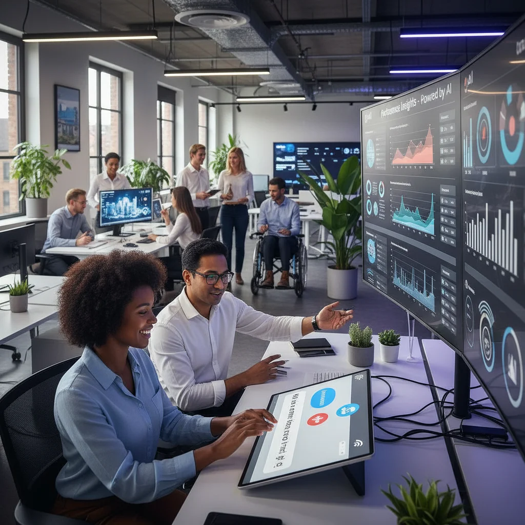Employees using AI tools like chatbots and dashboards to improve their work experience.