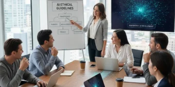 Professionals discussing AI ethics frameworks in a collaborative office setting