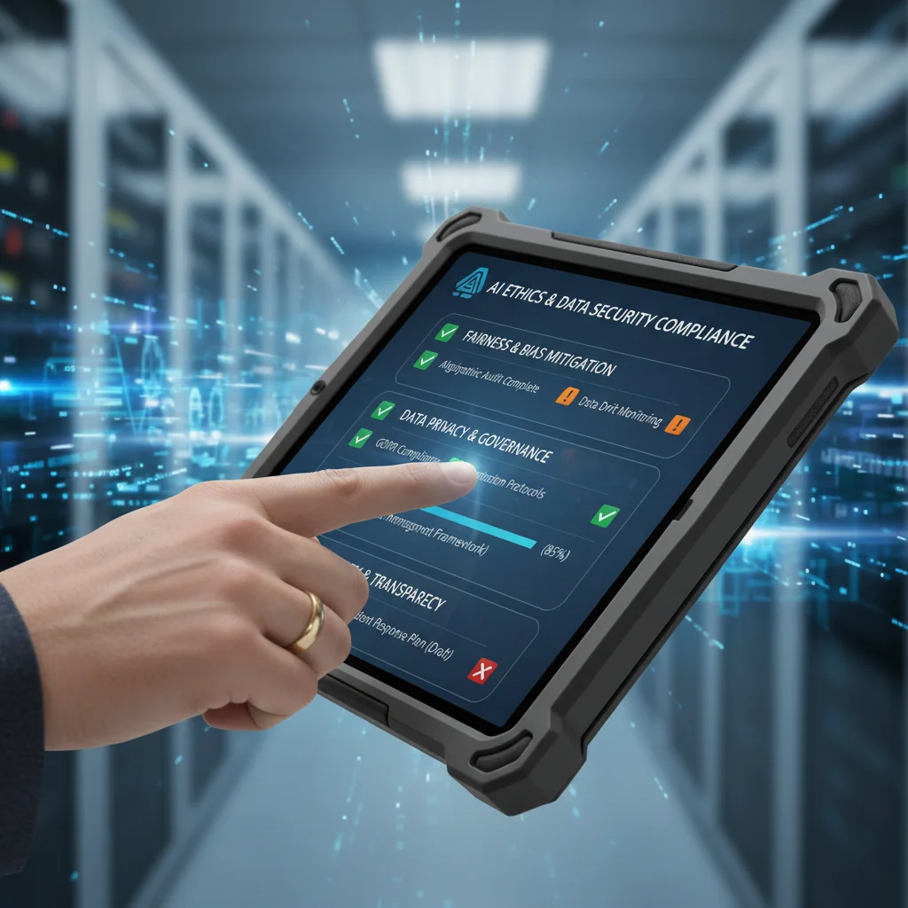 Hand checking off AI ethics and compliance tasks on a tablet.