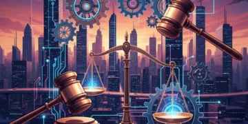 Illustration of AI technology and legal symbols representing AI ethics regulation.