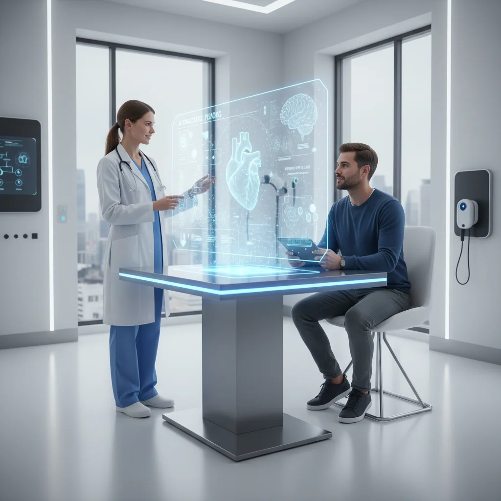 Doctor and patient reviewing AI-assisted medical data on a holographic screen.