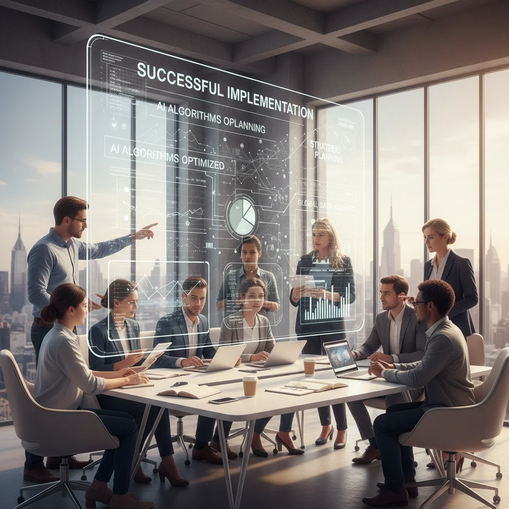 Diverse team collaborating on AI data analytics, illustrating strategic implementation and teamwork.