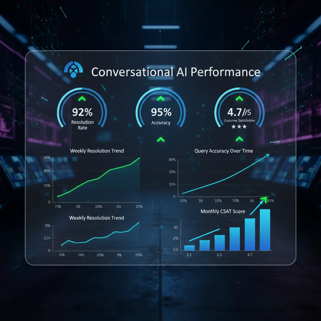 Dashboard showing rising KPIs for conversational AI, including accuracy and resolution rates.