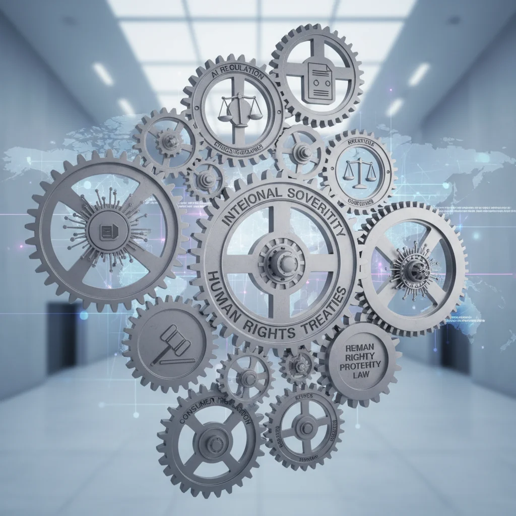 Interconnected legal frameworks and policy documents for AI.