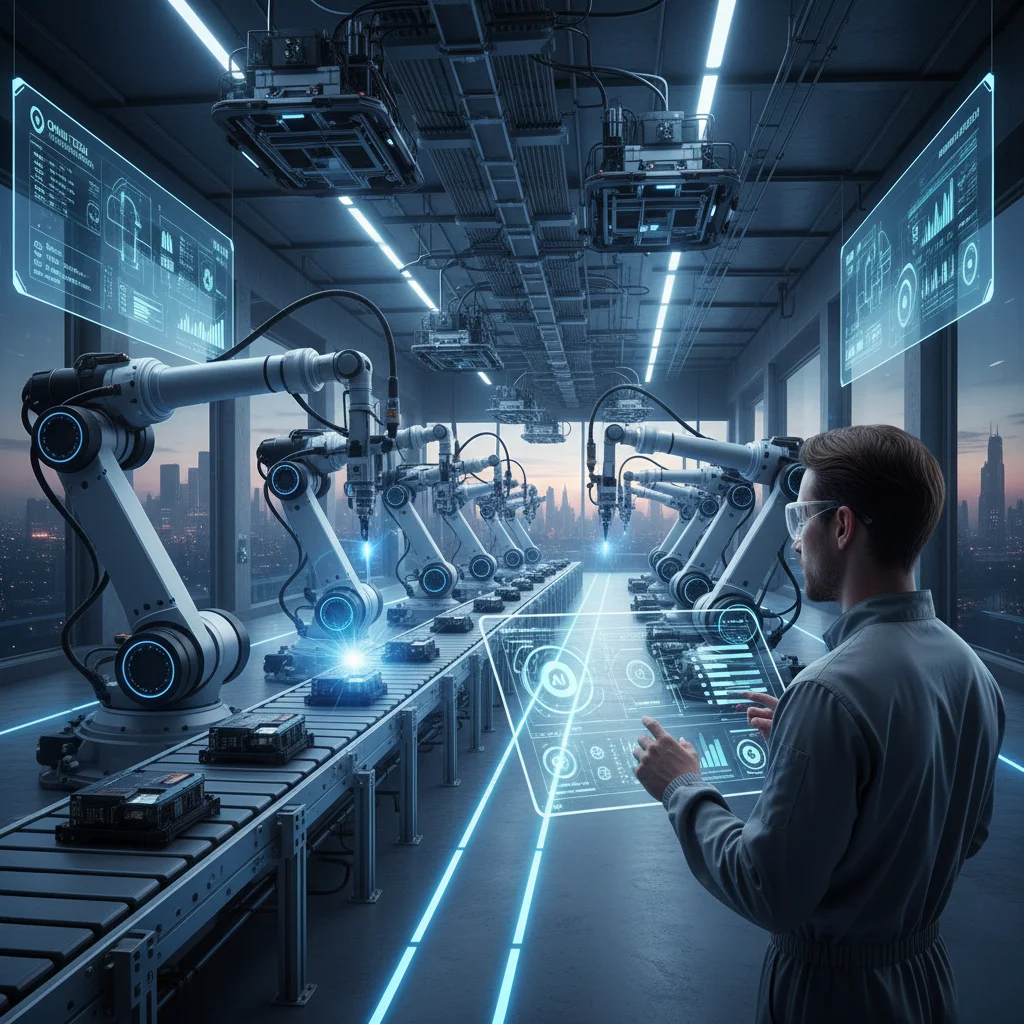 Robotic arms on an automated factory floor, monitored by a technician.