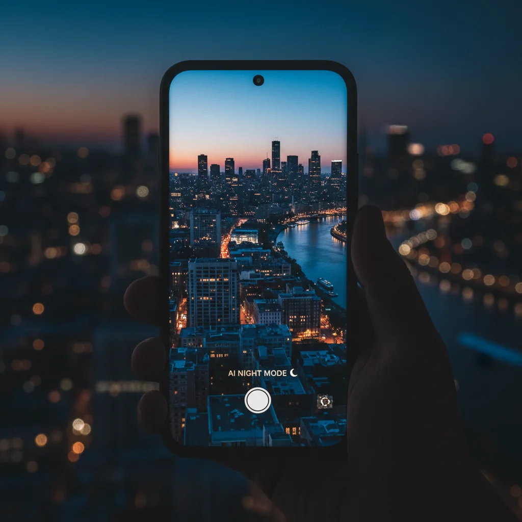 Smartphone capturing clear night scene with AI night mode