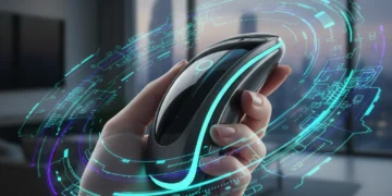 Futuristic AI personal security device with glowing patterns