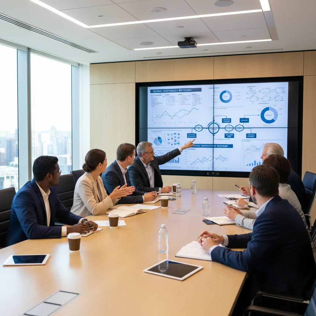 Professionals discussing AI policy and regulatory frameworks.