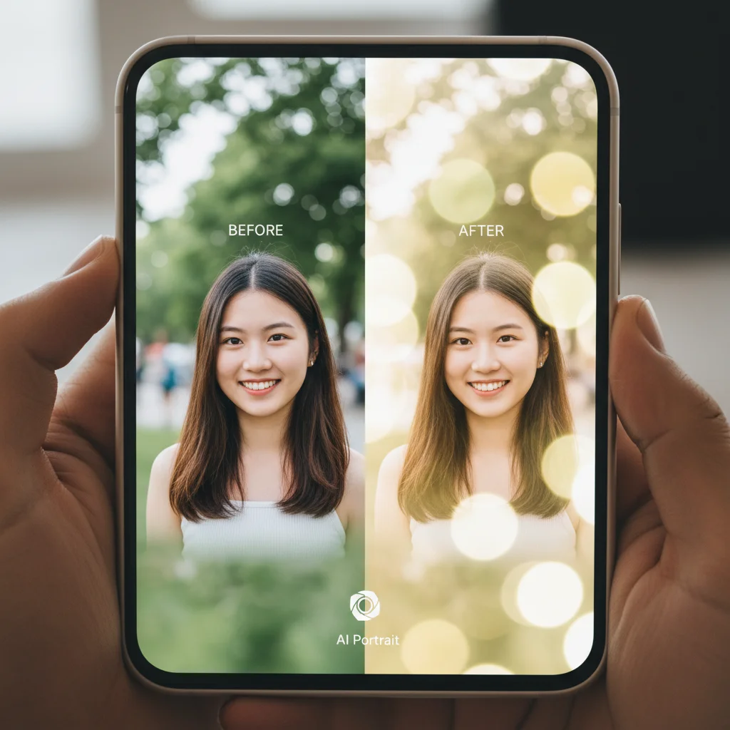 Smartphone displaying before and after AI portrait mode photo