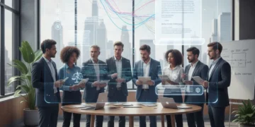 Business professionals discussing AI regulations and compliance documents.