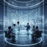 AI Reshaping Industries: Future of Work by 2030 Professionals collaborating with AI in a futuristic office, showcasing AI reshaping industries by 2030.