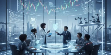 Professionals collaborating with AI in a futuristic office, showcasing AI reshaping industries by 2030.