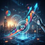Achieving 30% ROI with AI: Your First Year Investment Guide Illustration of financial growth charts and AI elements, symbolizing a 30% ROI from artificial intelligence investment.