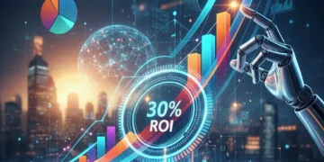 Illustration of financial growth charts and AI elements, symbolizing a 30% ROI from artificial intelligence investment.