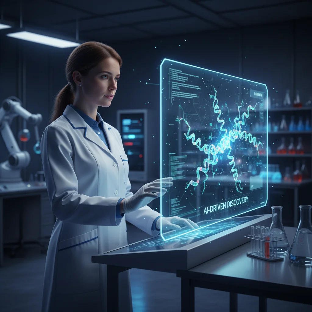 Scientist using AI for molecular discovery in a lab.