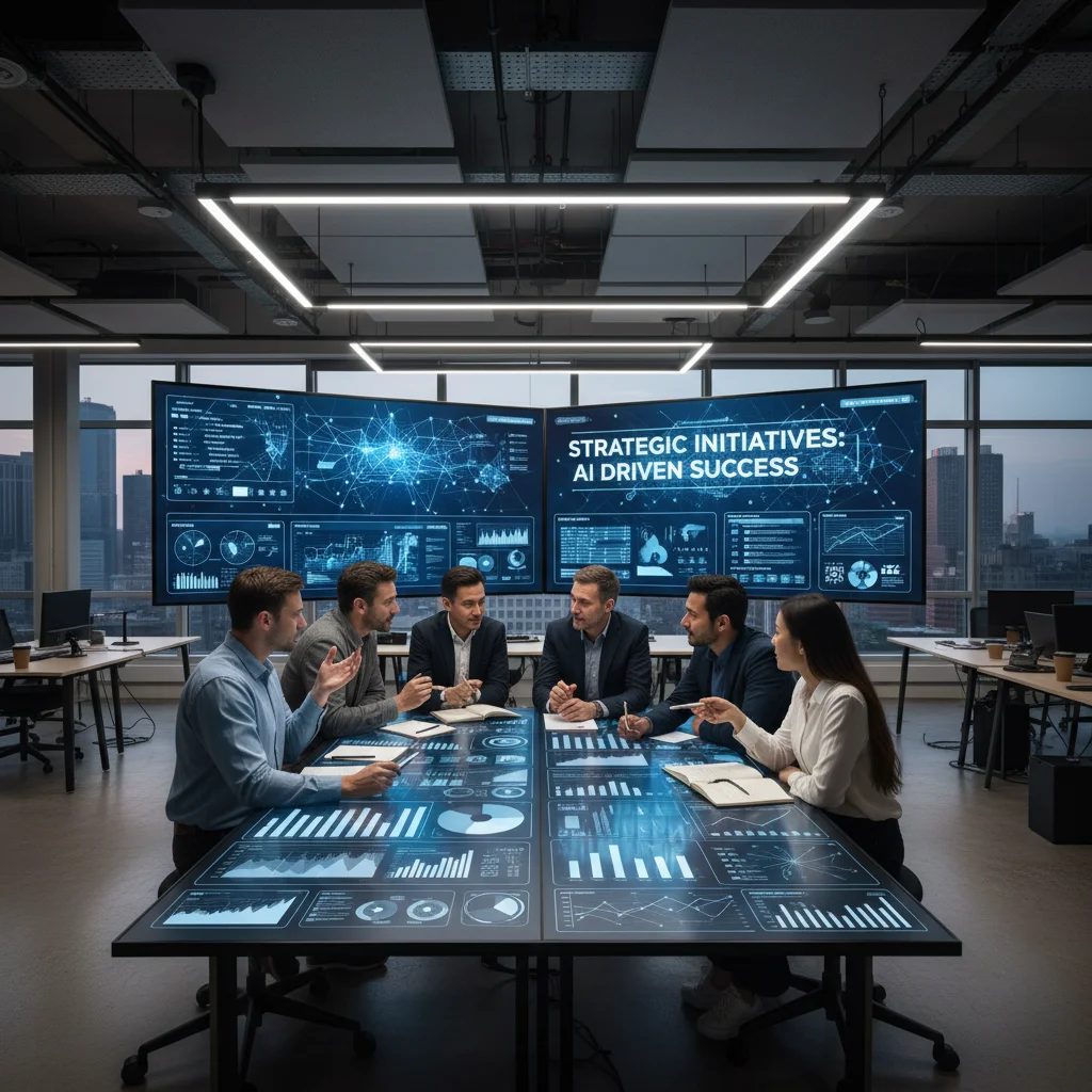 Team collaborating with AI dashboards, demonstrating successful AI implementation.