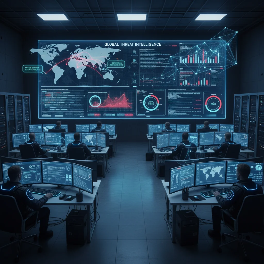Security analysts monitoring AI-powered threat detection dashboards