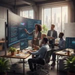 Professionals learning about AI in a modern training session, bridging the AI talent gap.