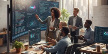 Professionals learning about AI in a modern training session, bridging the AI talent gap.