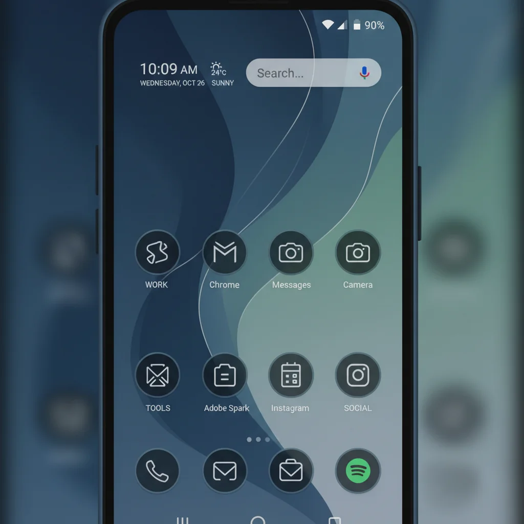 Customized Android home screen with organized apps and folders