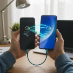Transfer Data to New Android Phone in Under 20 Minutes Hands connecting two Android phones for data transfer