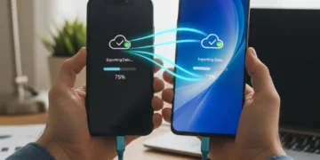 Hands connecting two Android phones for data transfer