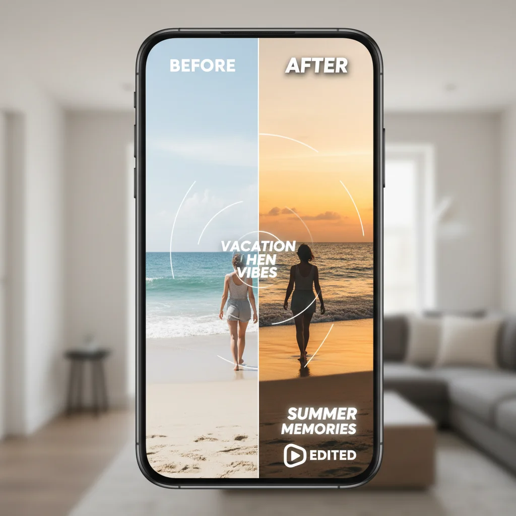 Before and after comparison of video footage edited on a smartphone, demonstrating visual improvements.