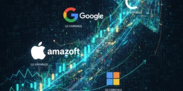 Financial charts and tech company logos representing big tech earnings analysis.
