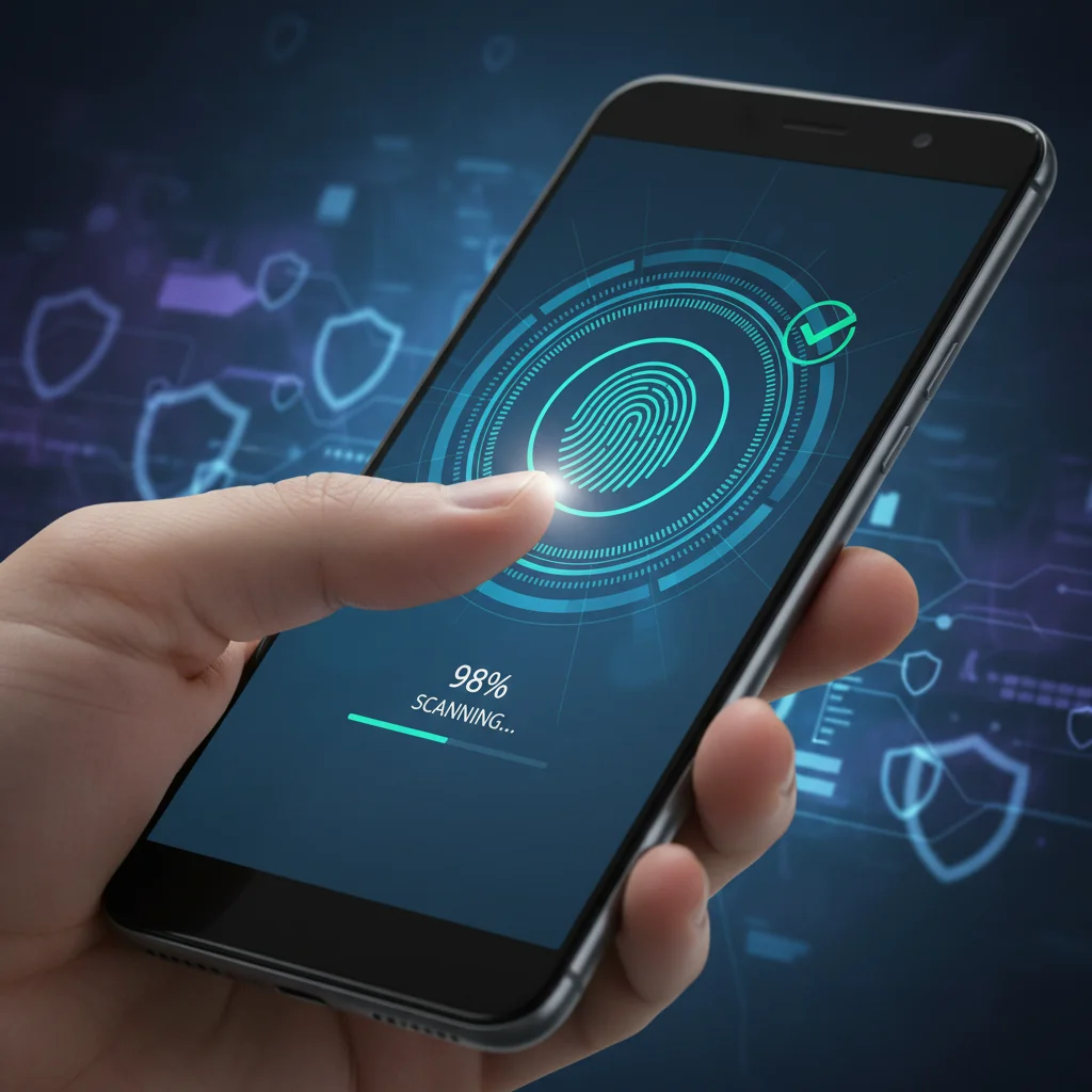 Hand scanning fingerprint on smartphone for biometric authentication.