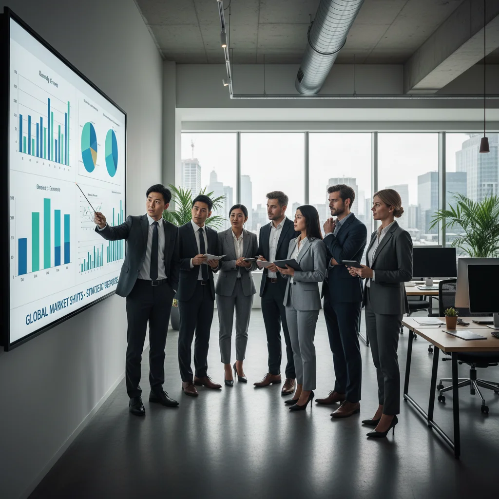 Business professionals analyzing market data and discussing strategic changes after tech acquisitions.