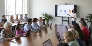 Diverse citizens learning digital skills in a community center, part of a government initiative.