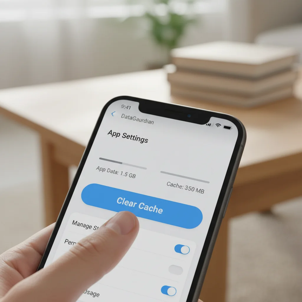 Finger tapping 'Clear Cache' option in a smartphone's app settings menu.