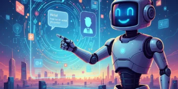 Friendly robot assisting customer through a digital chat interface, symbolizing conversational AI in customer service.