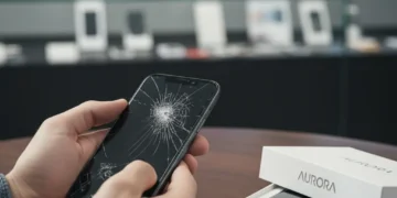 Hands holding cracked smartphone next to new phone box, contemplating repair or replacement
