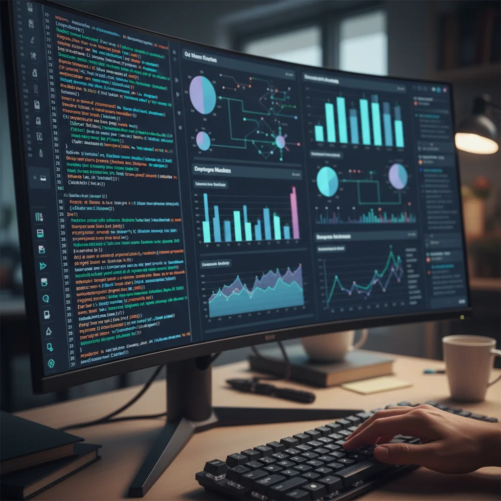 Computer screen displaying complex data analytics dashboards and code