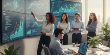 Team of data scientists analyzing complex data visualizations on screens