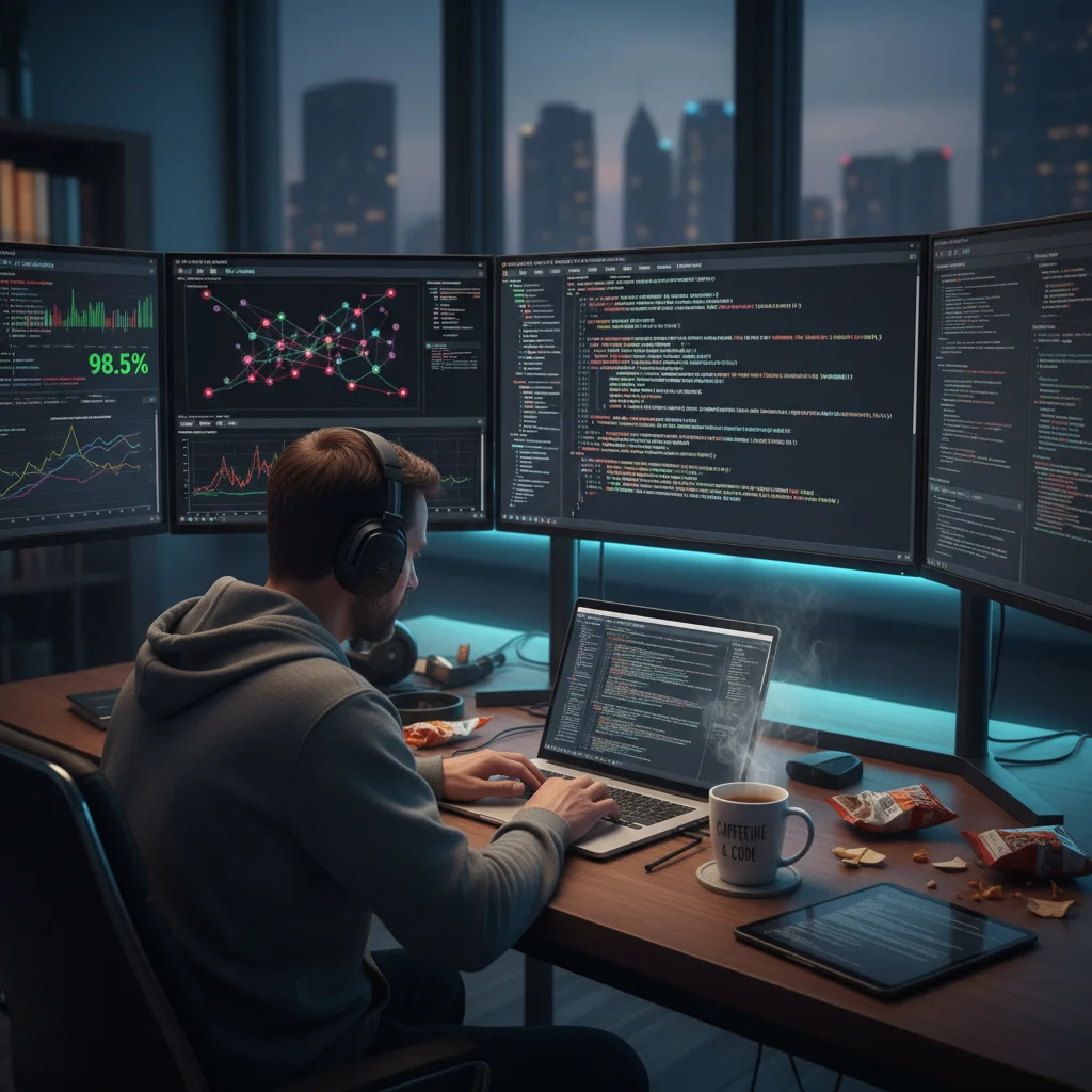 Developer coding and analyzing AI model performance on multiple screens