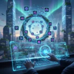 Latest AI Model Releases: Developer's Q3 Guide Developer interacting with a holographic display showing latest AI model releases and data streams